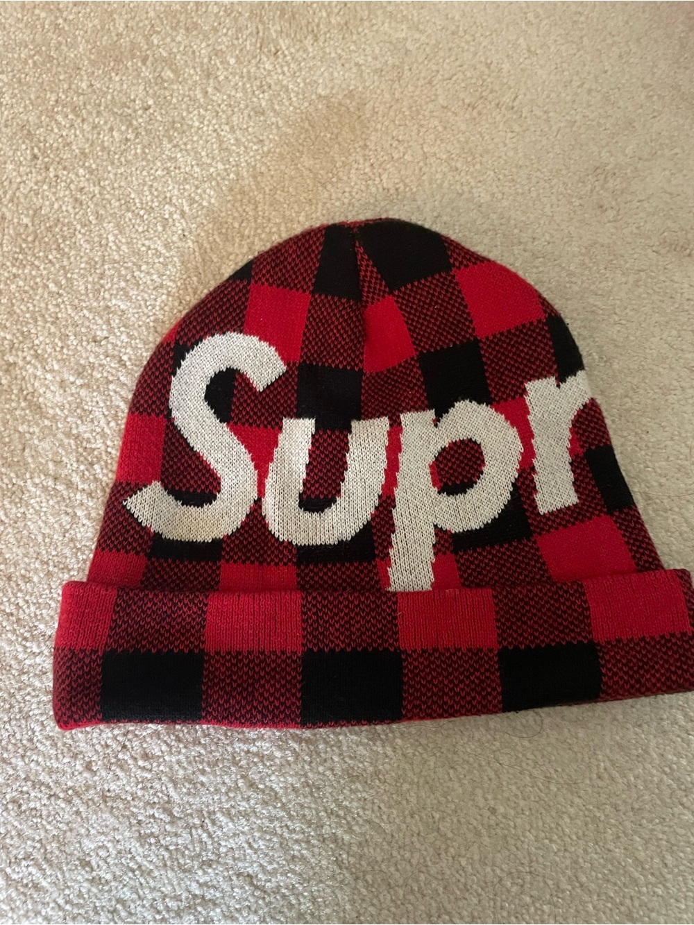 Supreme Red and Black Buffalo Plaid  Beanie with White Logo